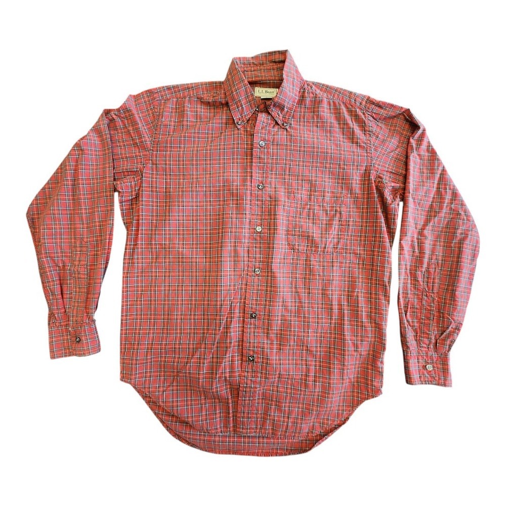 Vintage 80s LL Bean Red Plaid Long Sleeve Button Up Shirt Size Medium USA Preppy